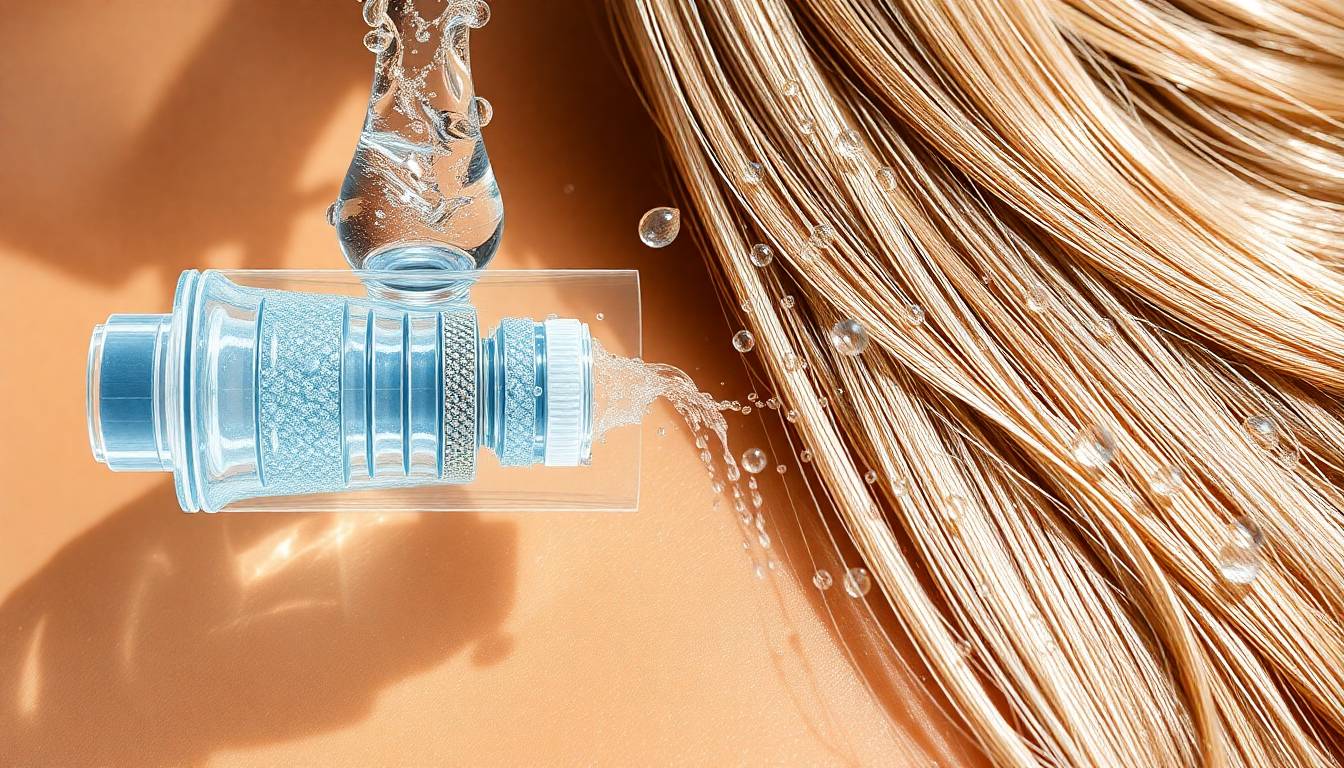 crystal clear filtered water flowing through advanced filtration system with healthy skin texture and vibrant hair strands