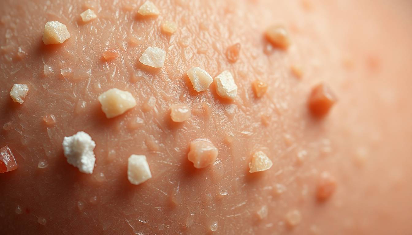 close-up of mineral deposits and limescale on skin surface with visible irritation and dryness