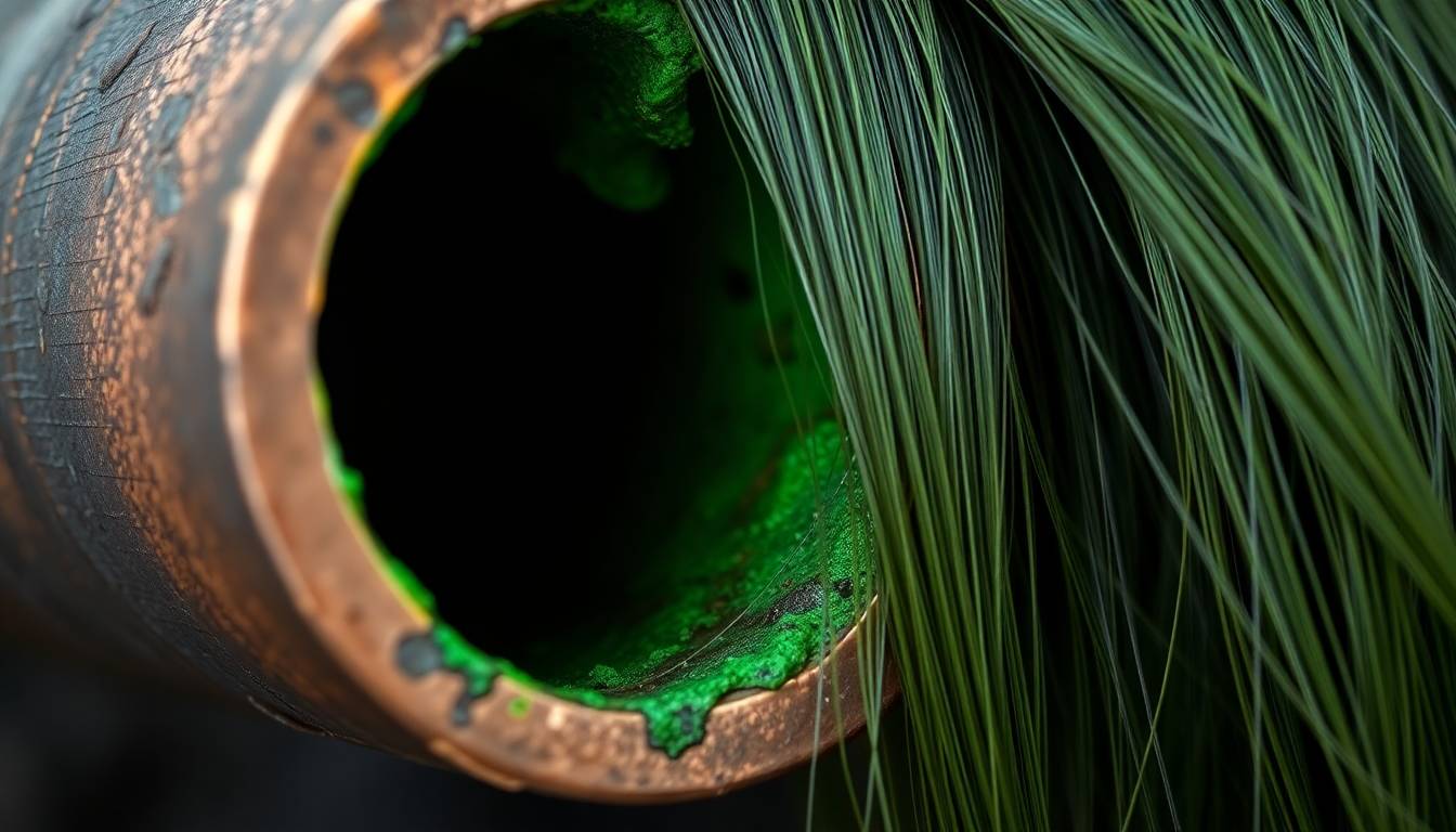 Close-up of copper corrosion and green discoloration on hair strands and irritated skin