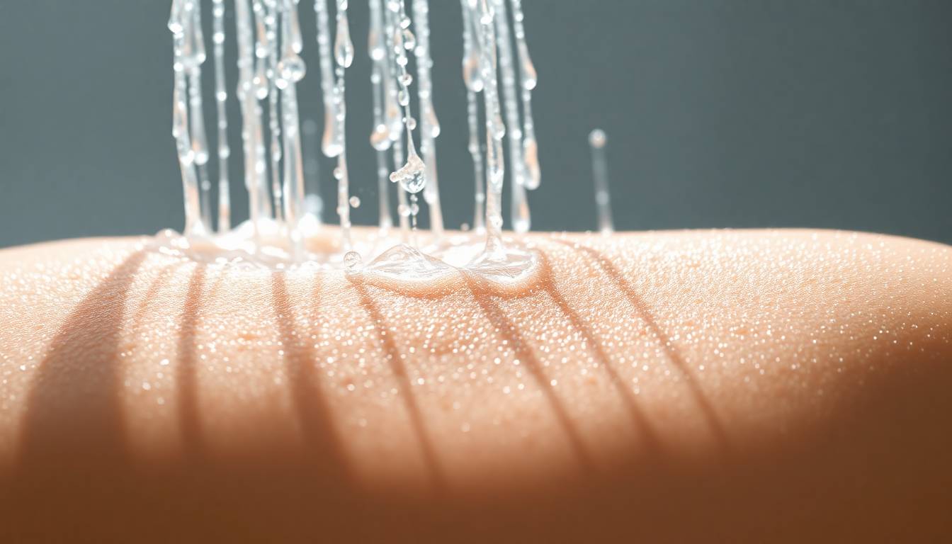 Crystal clear filtered water flowing through premium shower head, healthy glowing skin and shiny hair texture visible