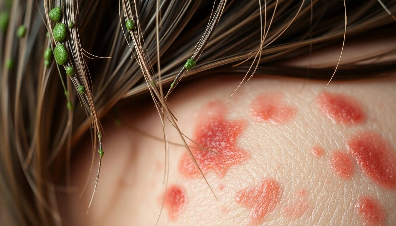 Close-up of oxidized copper buildup and green discoloration on skin and blonde hair strands