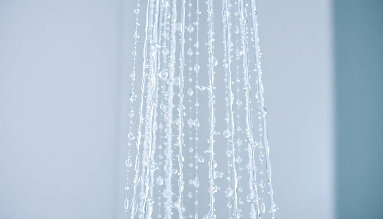 Crystal clear filtered water flowing from a shower head, water droplets catching light, clean and pure appearance