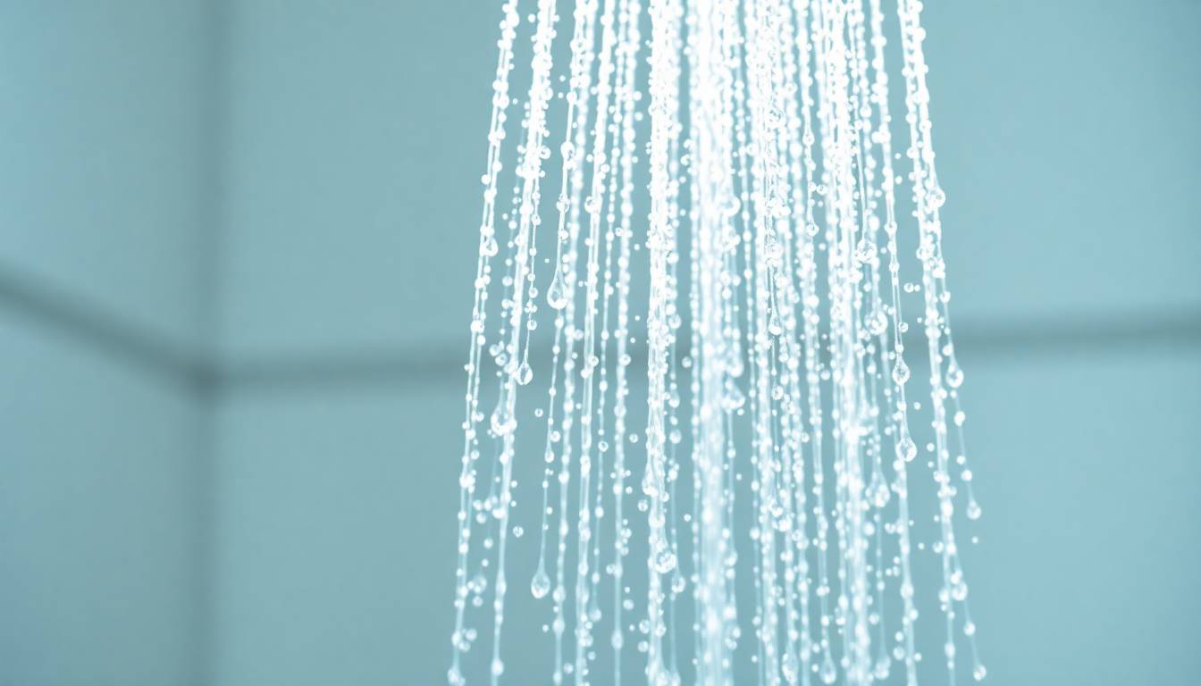 Crystal-clear filtered water flowing from a modern shower head with mineral deposits removed