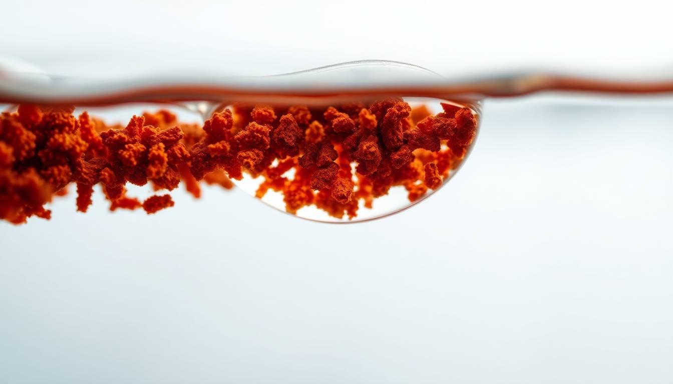 Close-up of rusty sediment particles in shower water under microscope, editorial water quality visualization