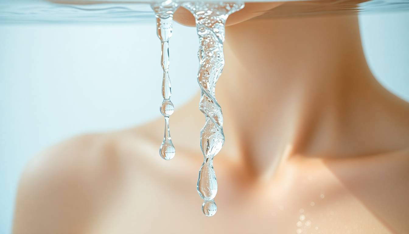 Crystal-clear filtered water droplets falling, clean healthy glowing skin texture in soft light, wellness bathroom environment