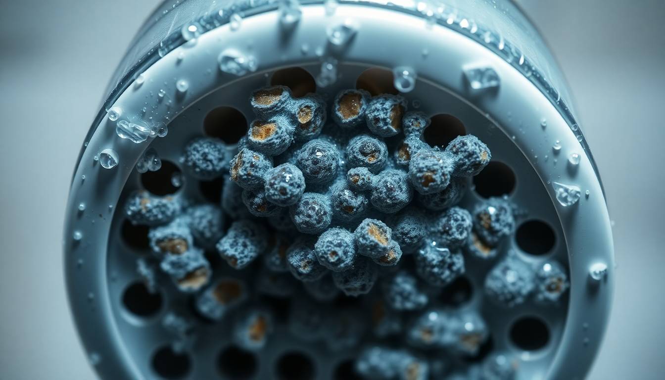 Close-up of bacterial biofilm and contamination buildup inside a standard shower head showing bacterial colonies and water impurities