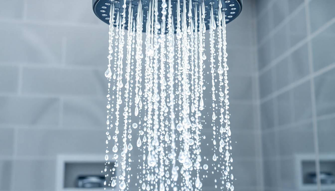 Clean filtered water flowing from a premium shower head with visible clarity and purity, showing healthy skin texture and hair shine benefits