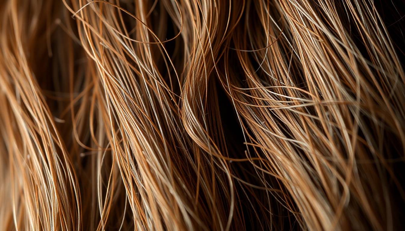 close-up of damaged hair with mineral buildup and frizz from unbalanced pH shower water