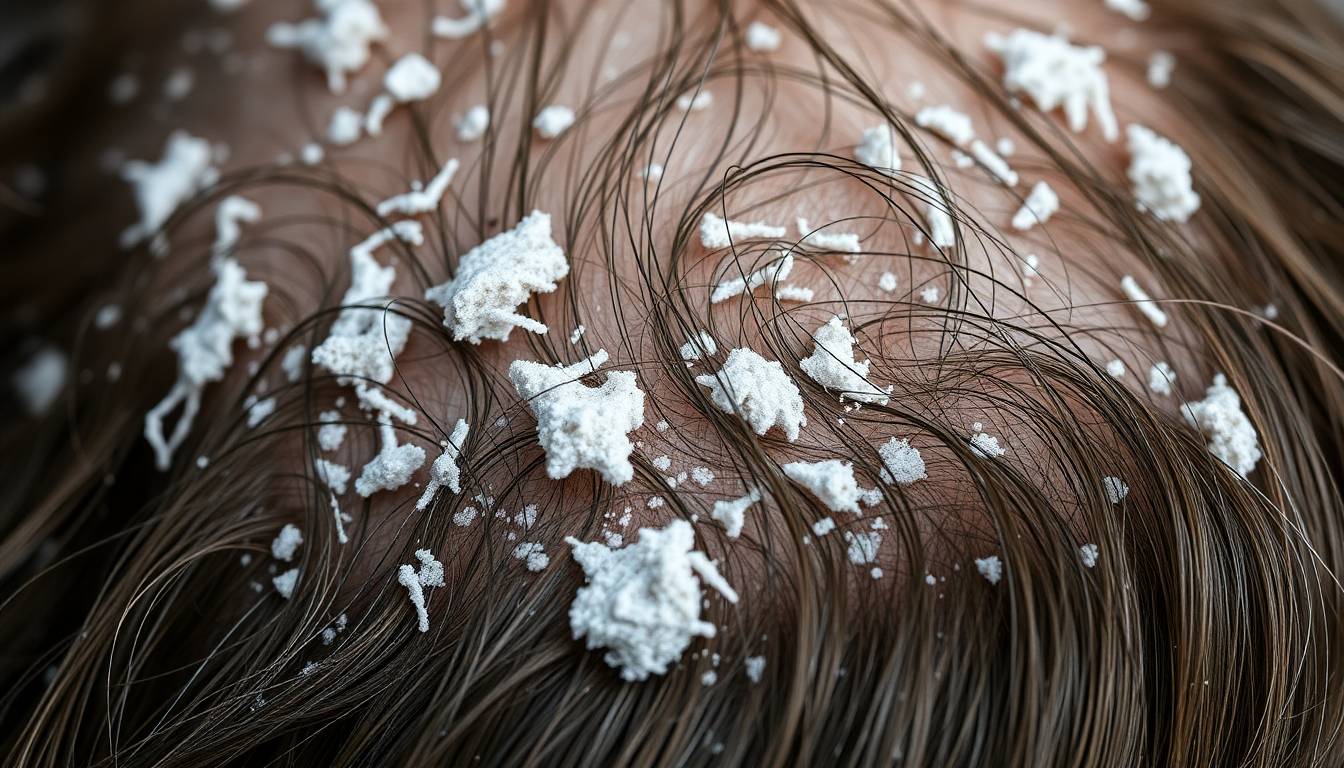 Close-up of scalp with dandruff flakes and mineral buildup from hard water