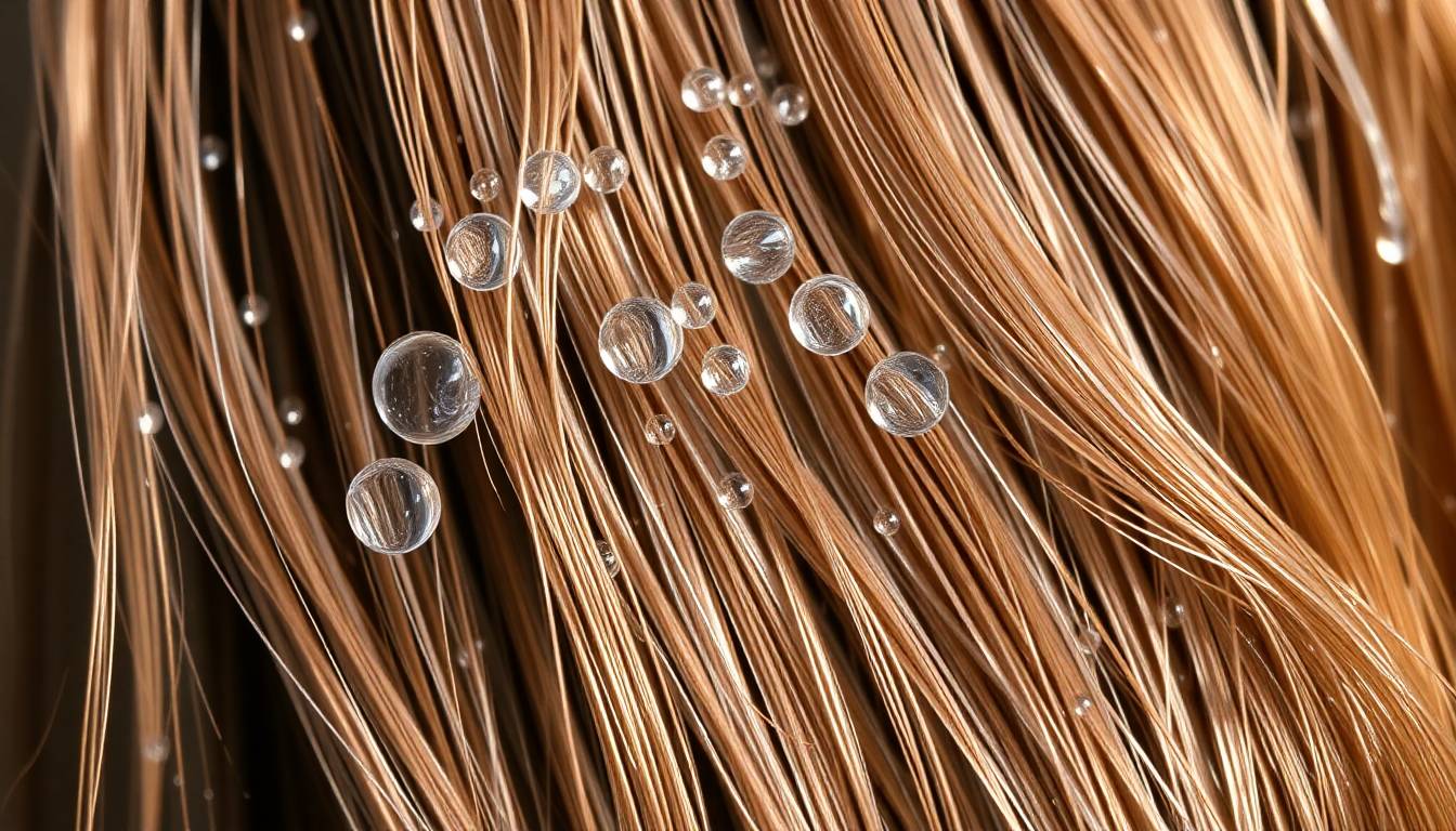 Crystal clear filtered water flowing over healthy scalp and hair, clean wellness aesthetic