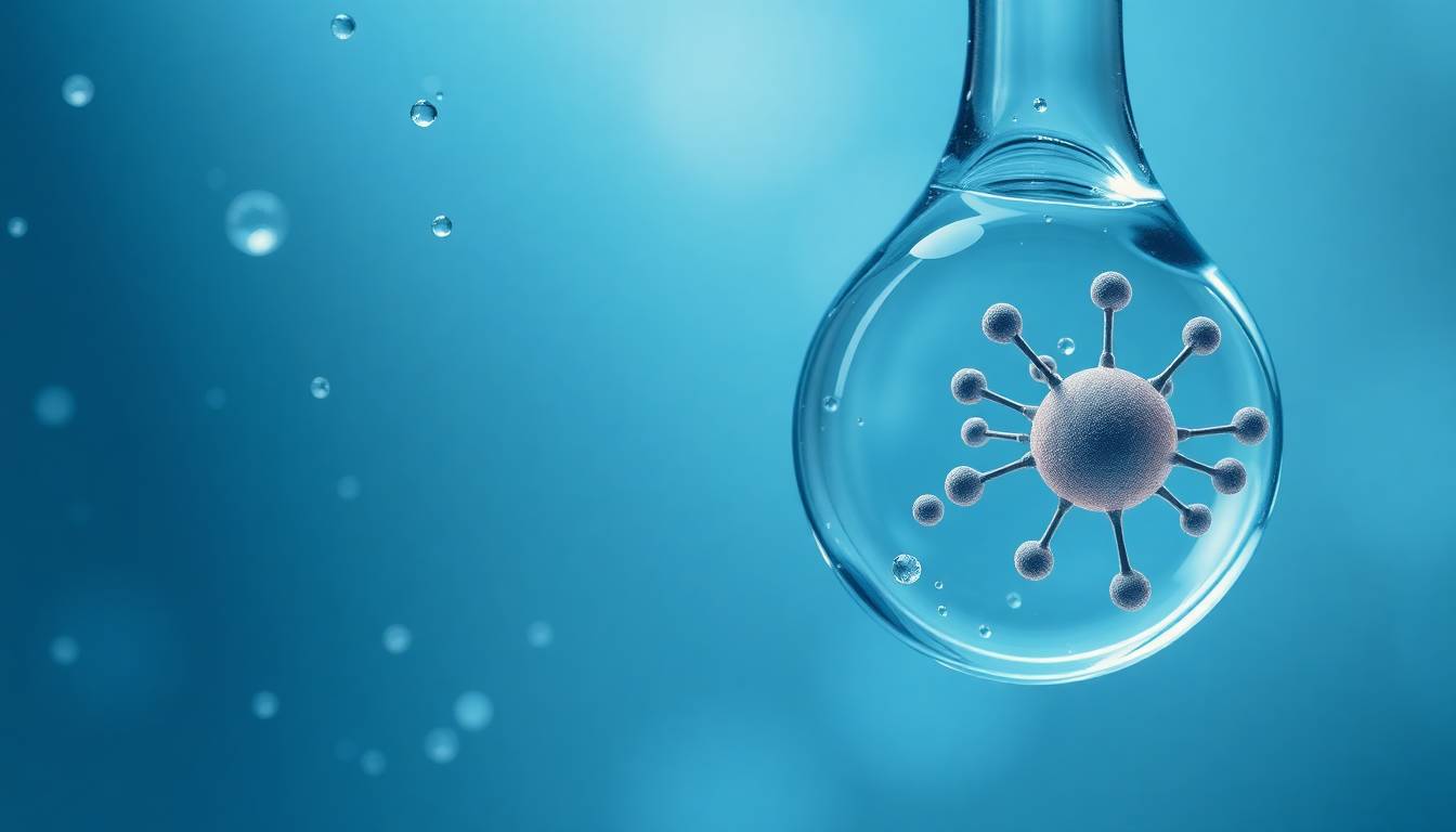 close-up of water droplets with chemical contamination particles visible, showing endocrine disruptors in tap water