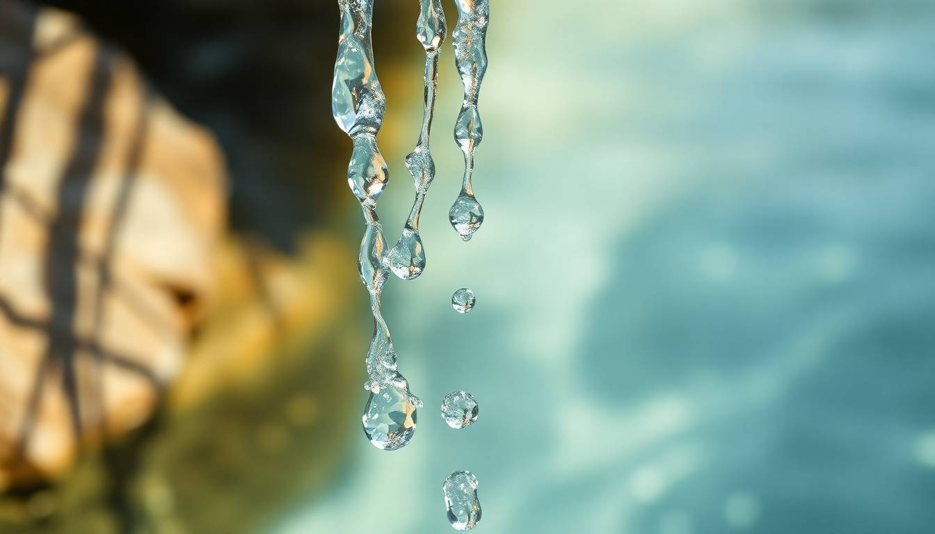 crystalline clean water droplets flowing from Hydroluxe shower head, pure water against healthy skin, wellness lifestyle