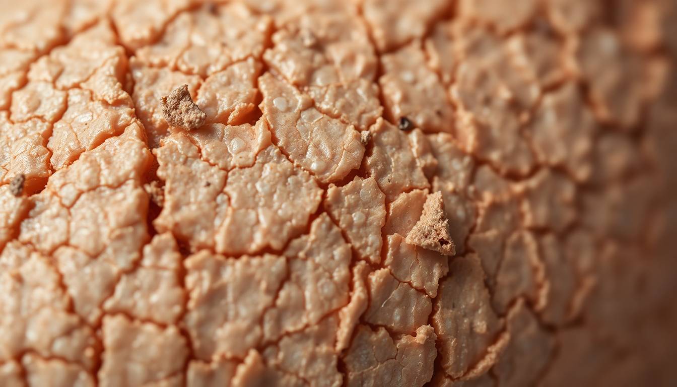 close-up of dry flaky skin texture caused by hard water minerals