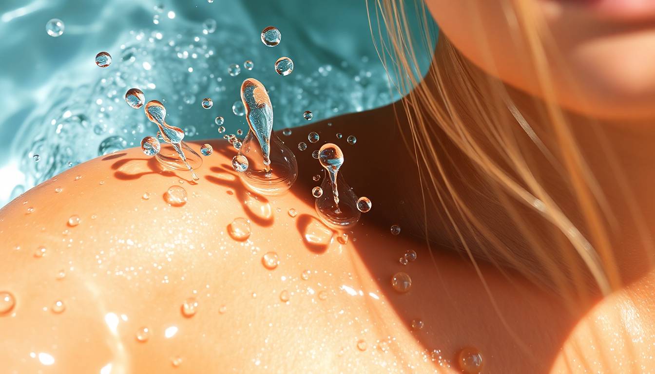 Clean filtered water flowing over healthy skin and hair with radiant appearance