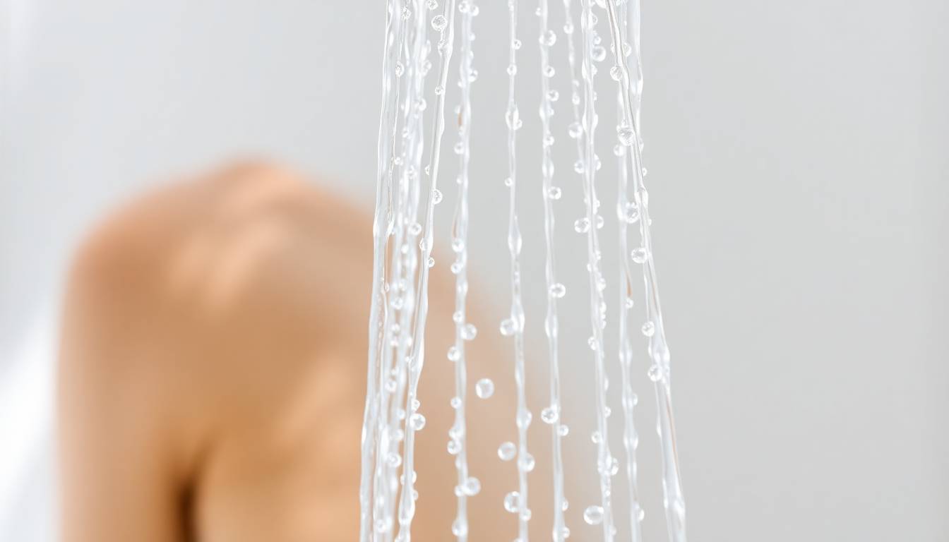 crystal-clear filtered water flowing from showerhead, clean healthy skin texture, wellness lifestyle photography