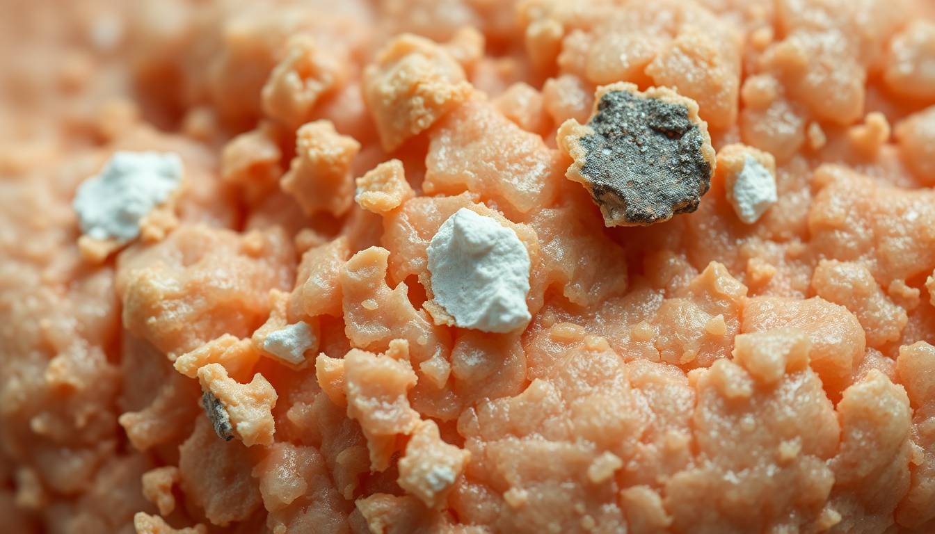 close-up of dry, irritated skin texture showing mineral deposits and dehydration