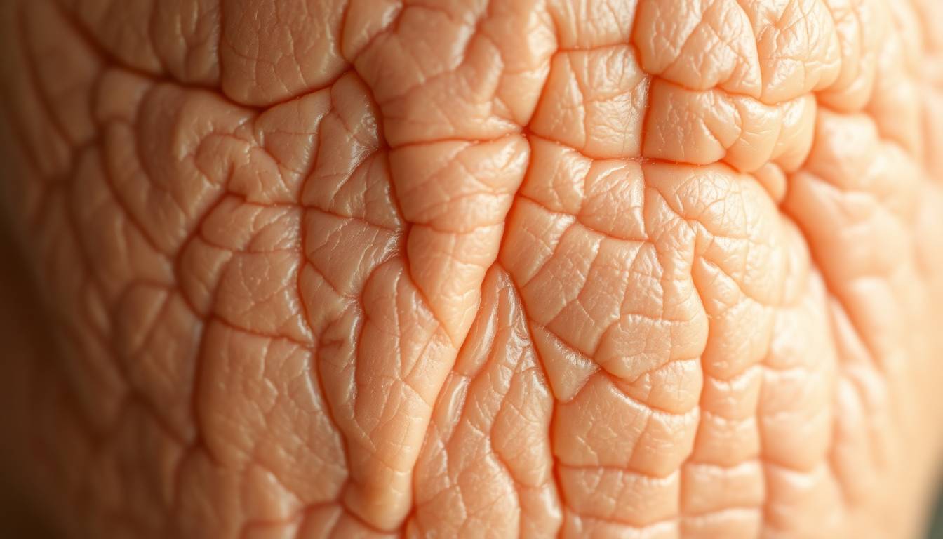 close-up of hard water mineral deposits on aging skin texture showing loss of elasticity and firmness