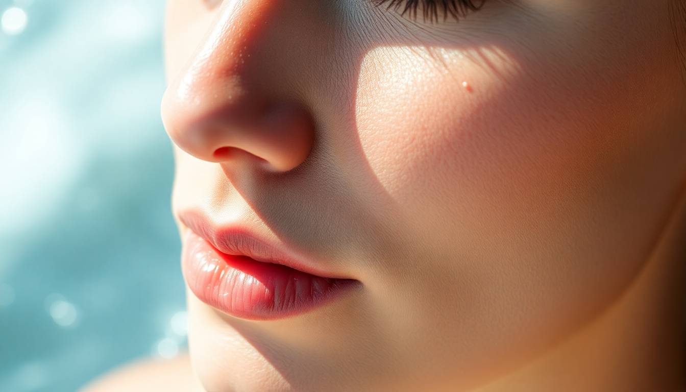 healthy glowing skin with visible firmness and elasticity after filtered water treatment, clean water droplets