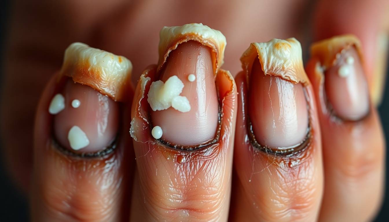 close-up of brittle, damaged nails with mineral deposits and peeling cuticles from hard water