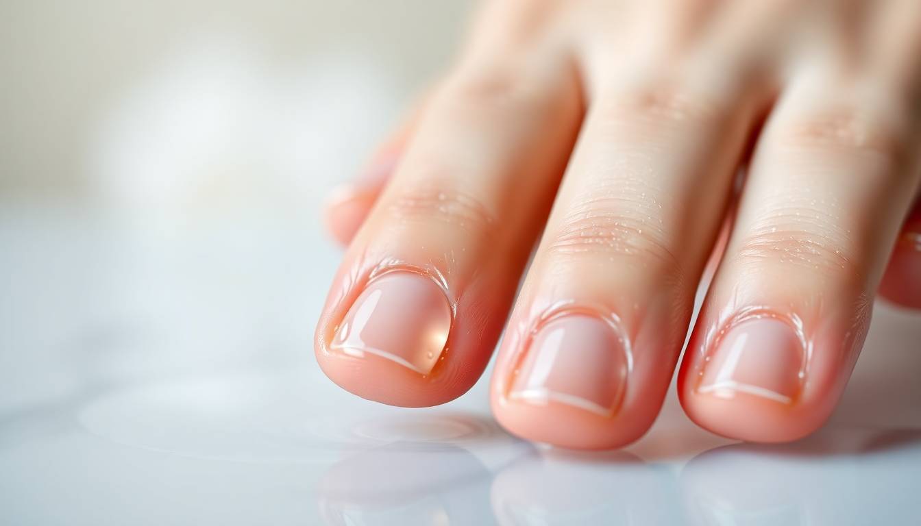 healthy, strong nails with moisturized cuticles gleaming under soft light, filtered water wellness