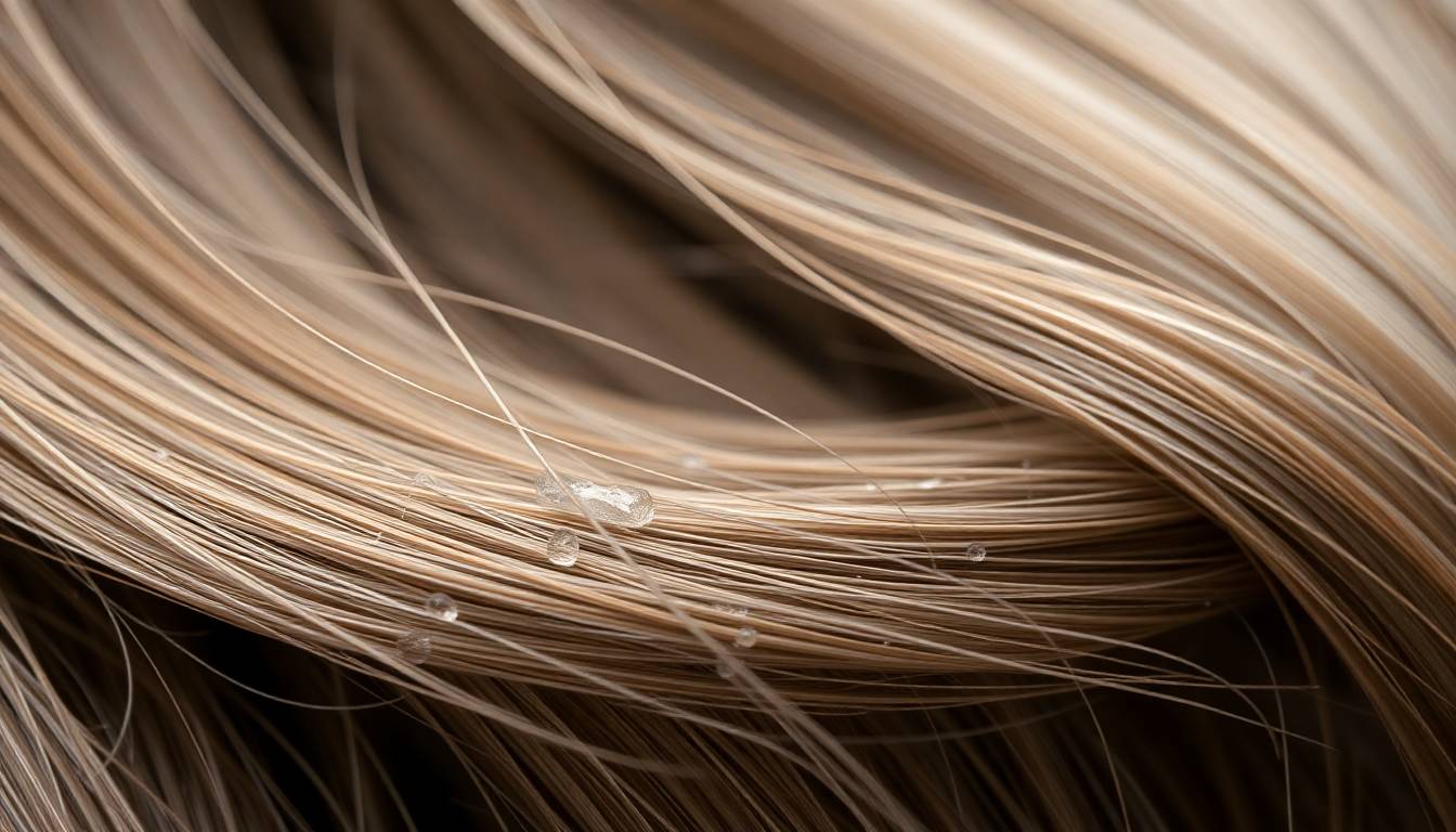 close-up of dull, damaged hair with visible mineral buildup and chlorine damage showing loss of shine and texture