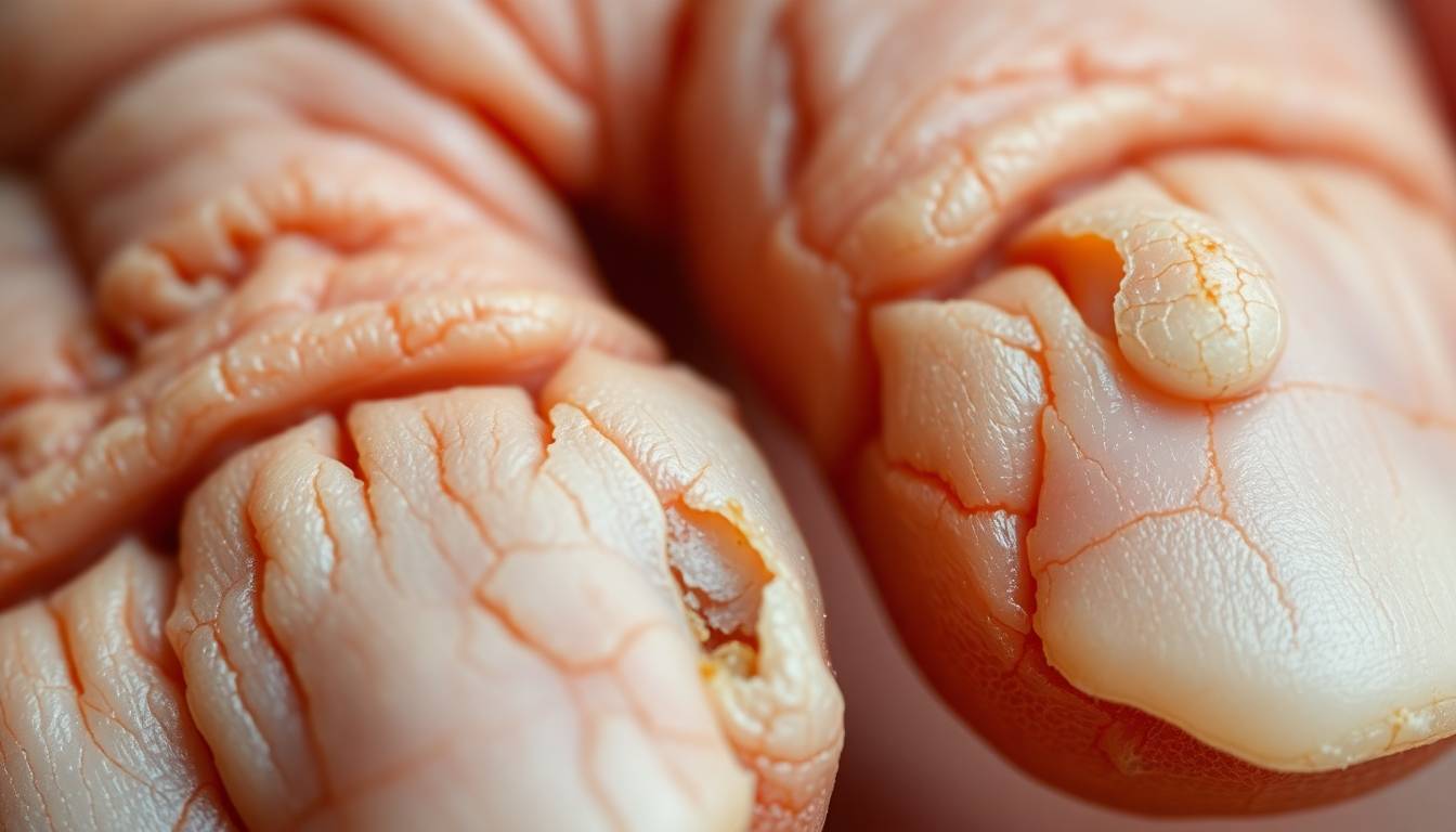 close-up of damaged brittle nails and peeling cuticles affected by hard water minerals