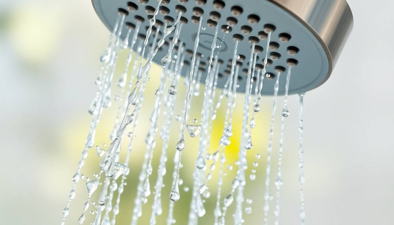 Crystal-clear filtered water flowing from advanced multi-stage shower filter with minerals removed and contaminants eliminated