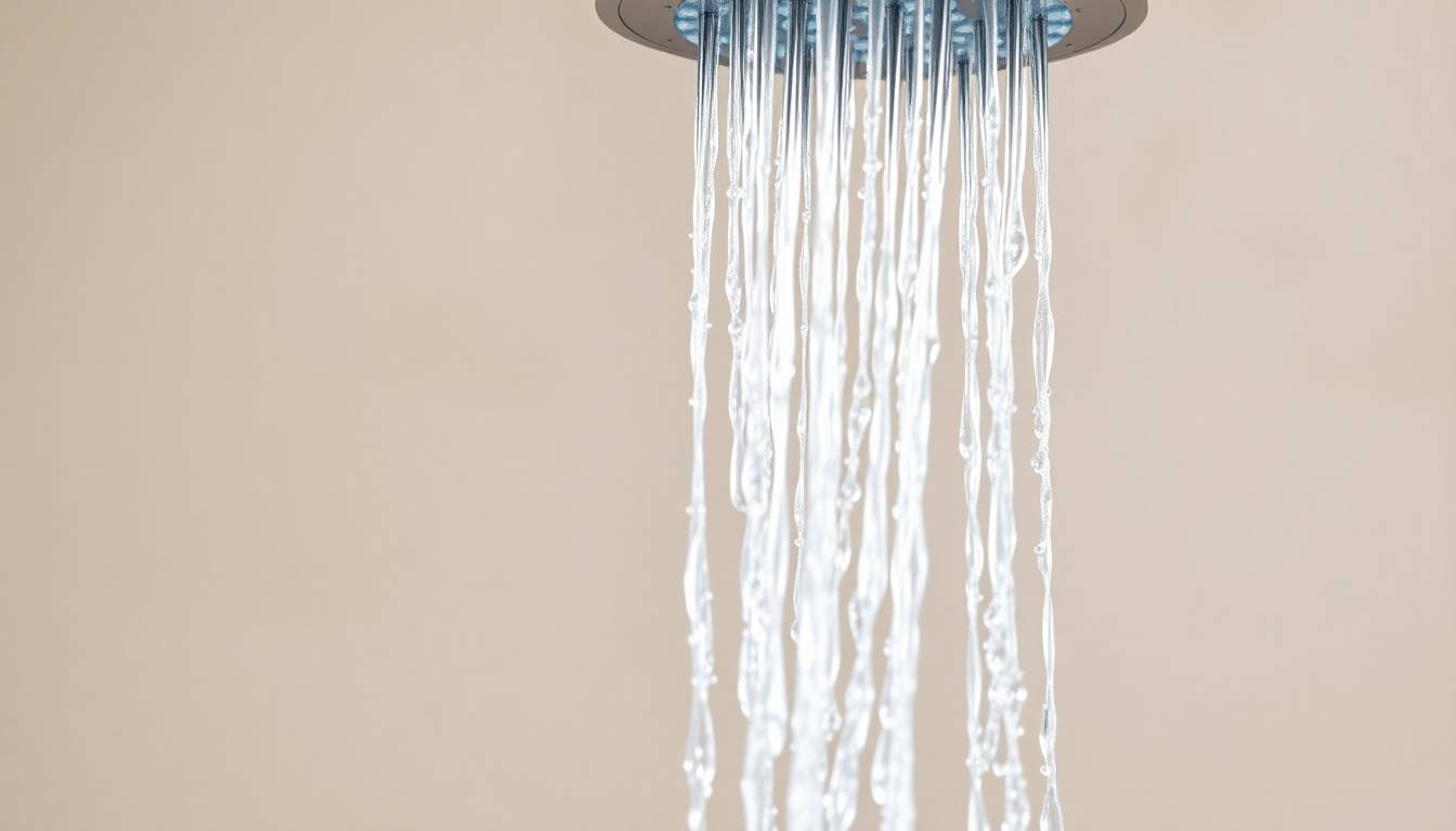 crystal-clear filtered water flowing from a shower head, healthy glowing skin and shiny hair visible, wellness and purity concept
