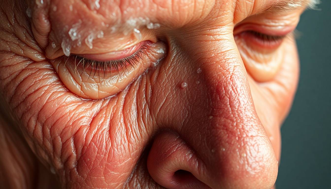 Close-up of dull, sagging skin with visible loss of elasticity and fine lines caused by mineral buildup