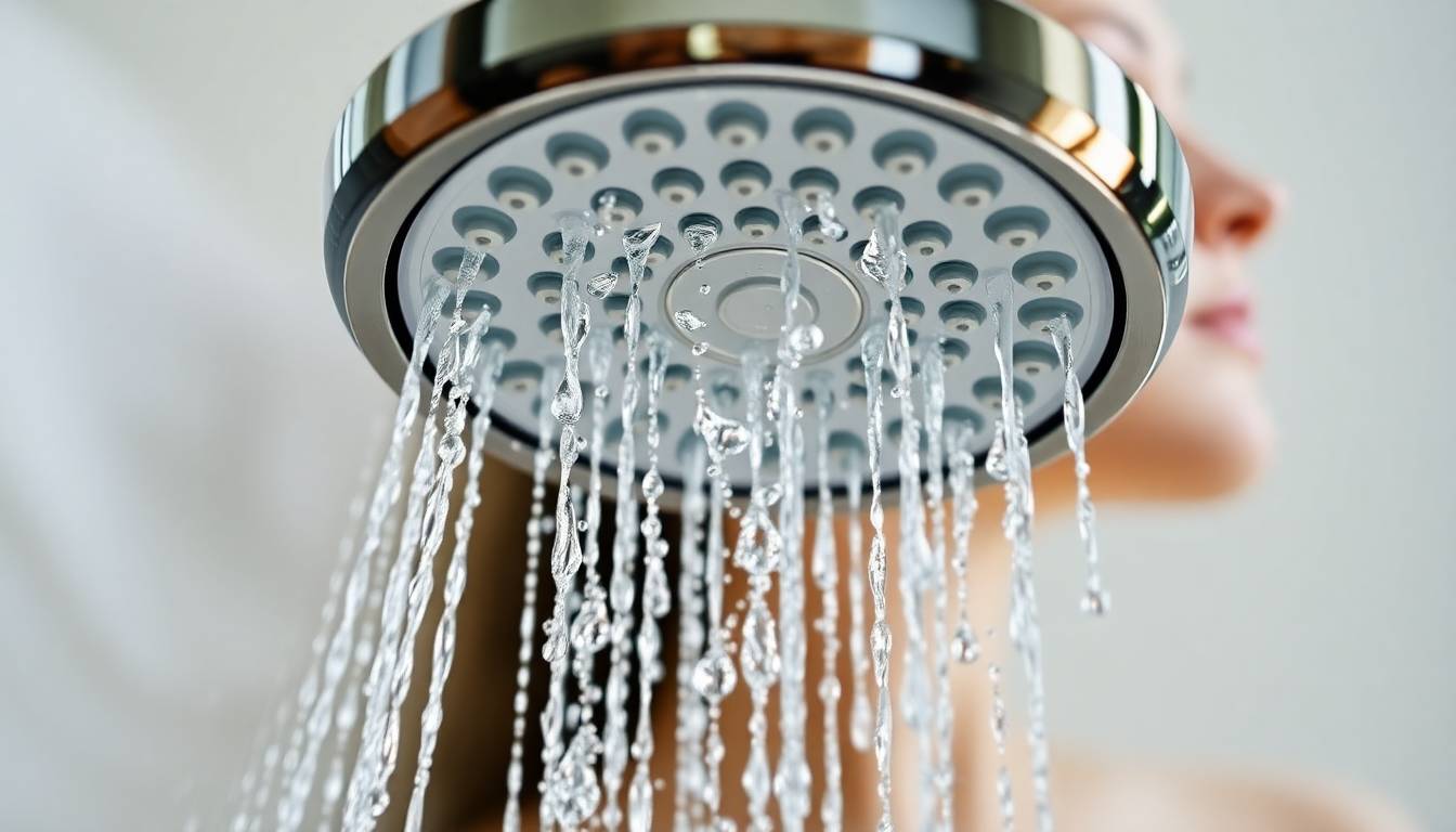 Hydroluxe shower filter with clean water flowing, representing filtered water restoring skin elasticity and youthful appearance