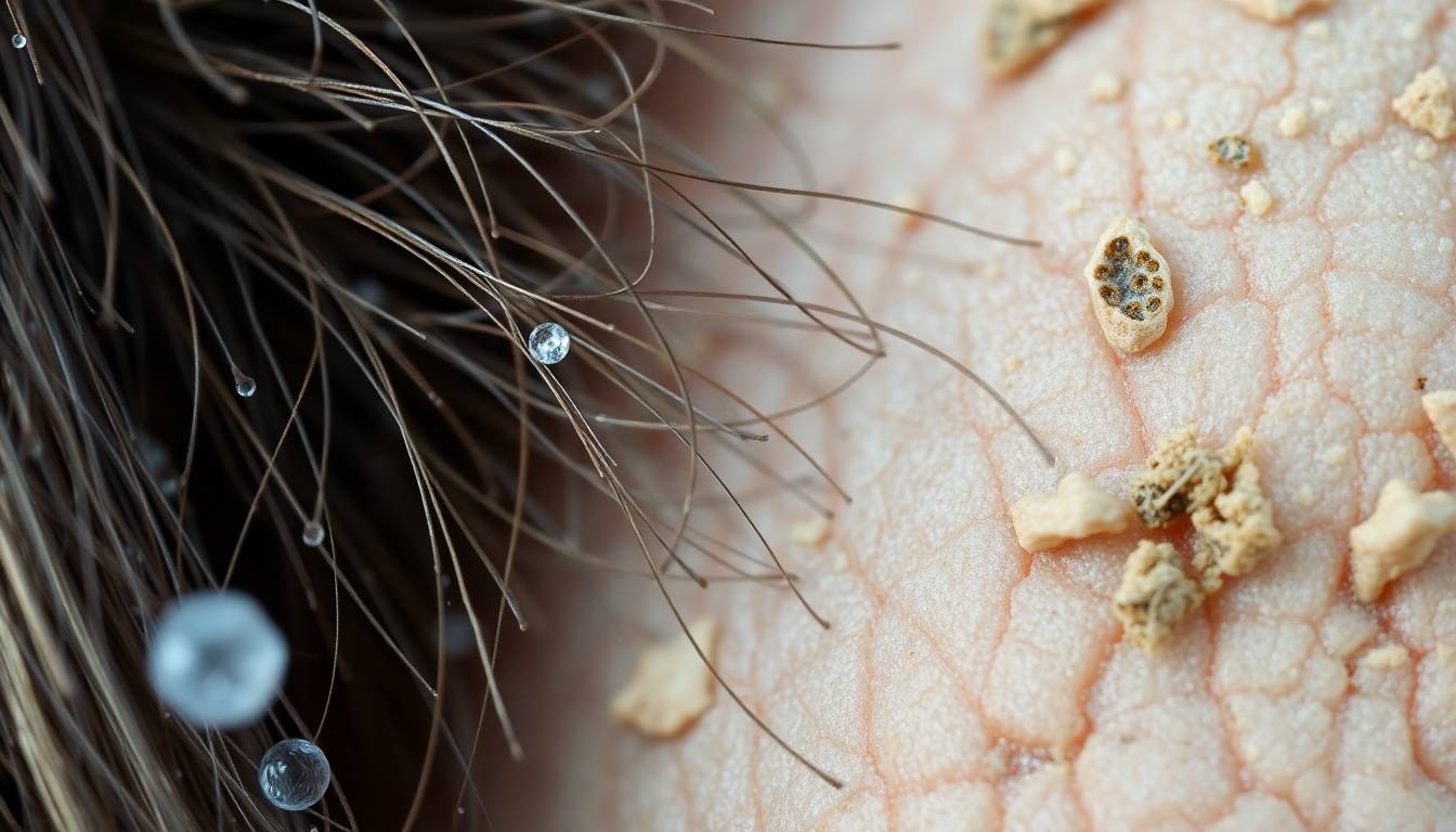 close-up of dull skin texture and dry hair strands with mineral buildup