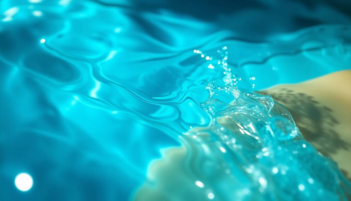 Hydroluxe shower filter dispensing clean, crystal-clear filtered water with healthy skin and shiny hair texture visible