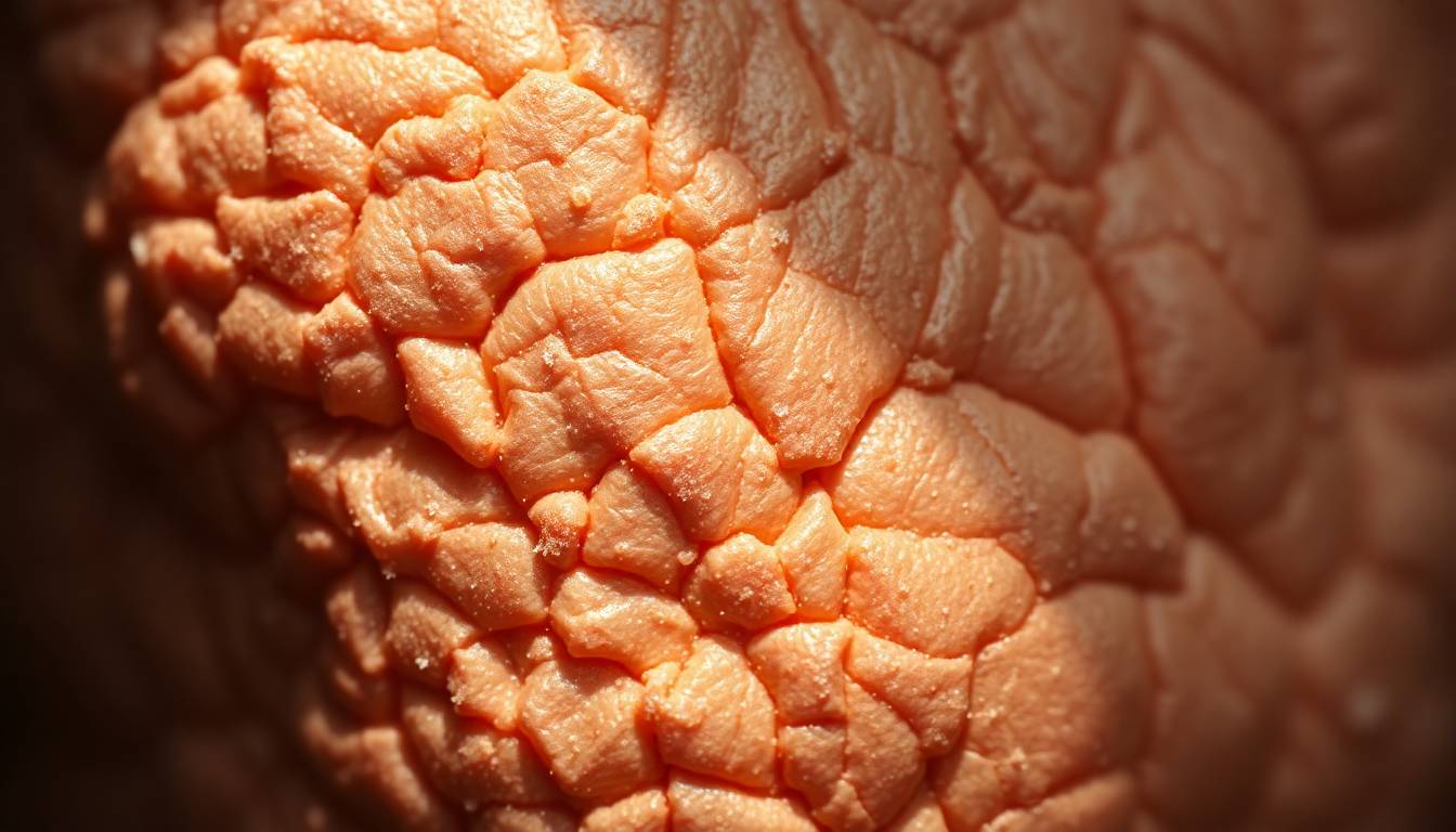 Close-up of dull, sagging skin texture affected by hard water mineral buildup and collagen damage