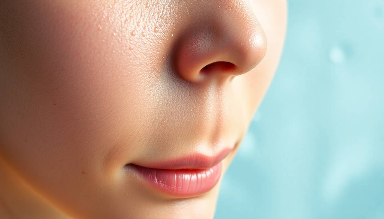 clean, glowing skin with visible firmness and elasticity, fresh water droplets, wellness and beauty aesthetic