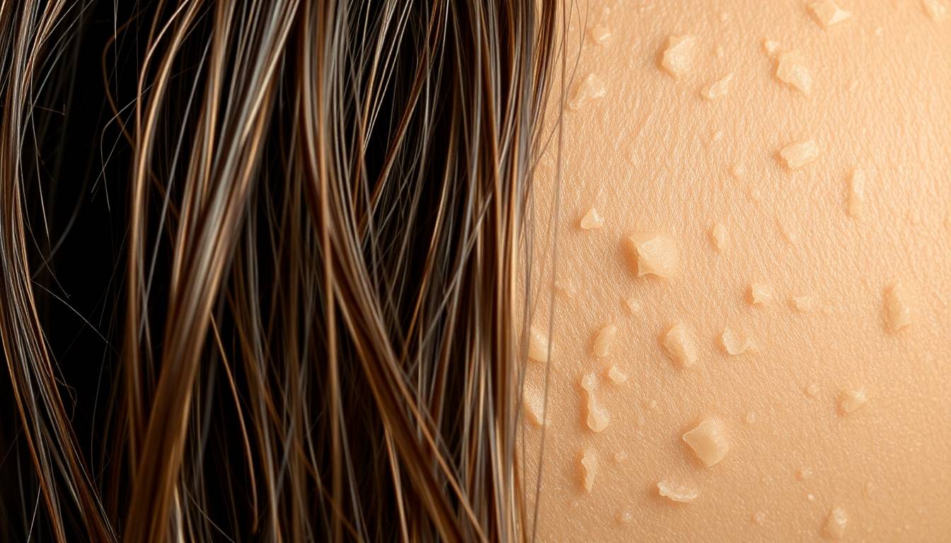 close-up of dull hair strands and dry skin texture showing mineral buildup damage