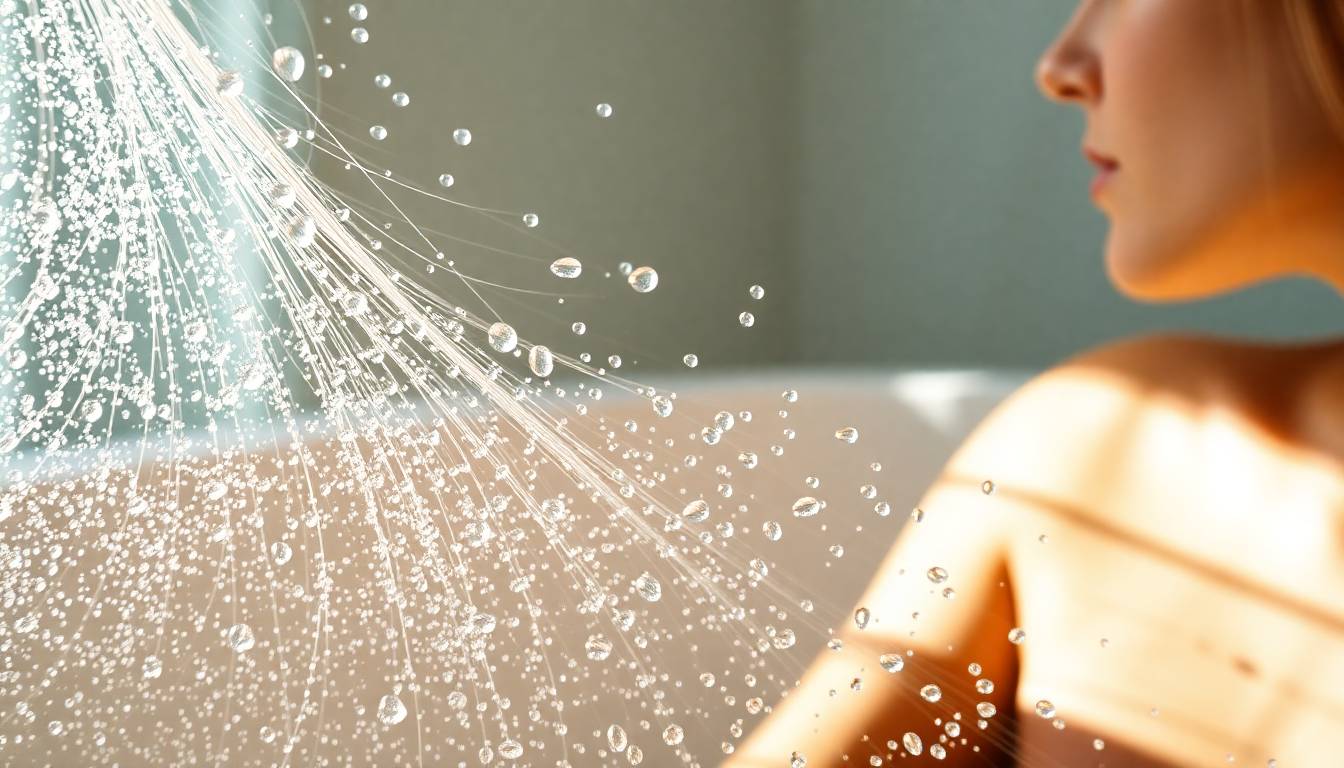 clear, healthy water droplets flowing from premium shower head with clean, radiant skin and shiny hair