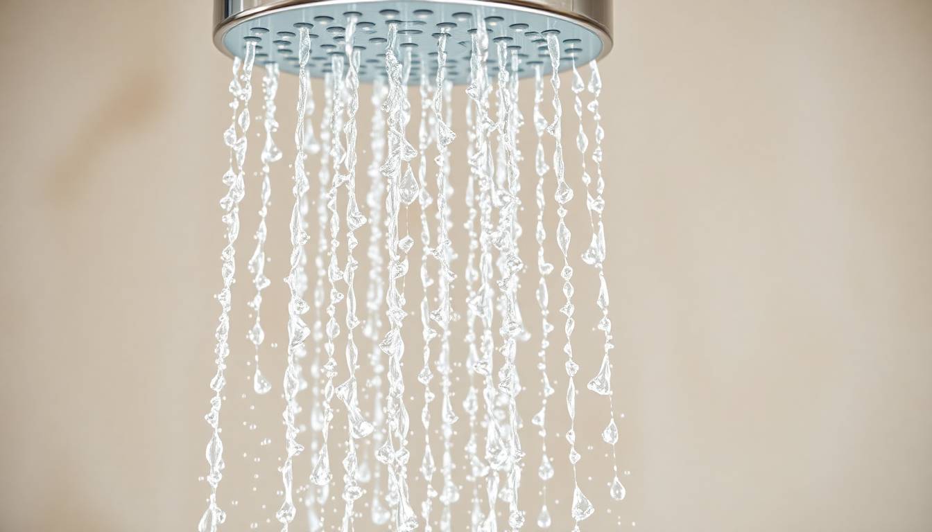 crystal clear filtered water flowing from premium shower head, clean and pure water droplets