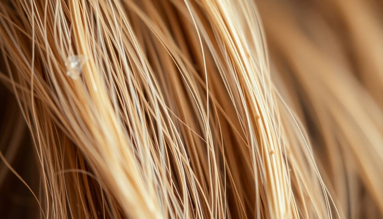 Close-up of dull, thinning hair strands affected by hard water mineral buildup and chlorine damage