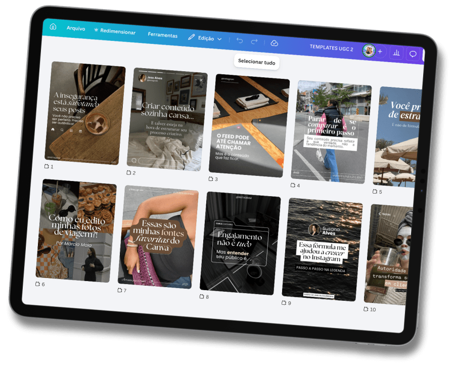 Pack de Templates UGC aberto no iPad