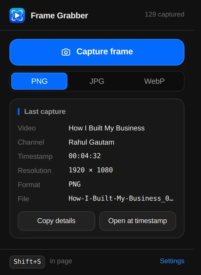 The Frame Grabber toolbar popup showing the last capture details