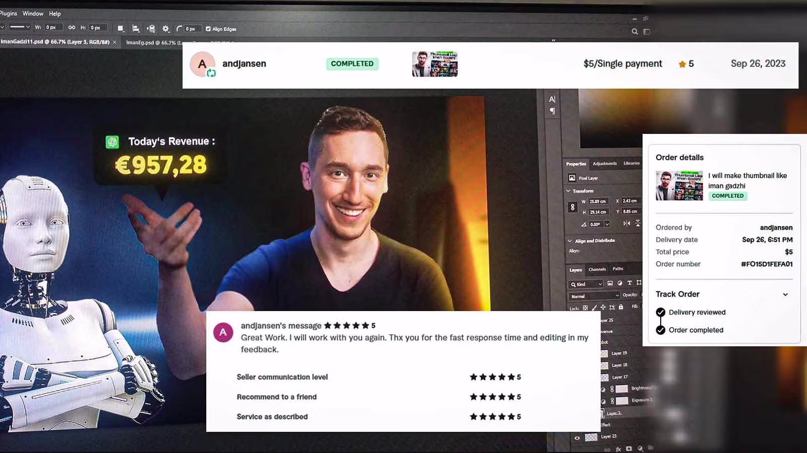 The first Fiverr order, five dollars
