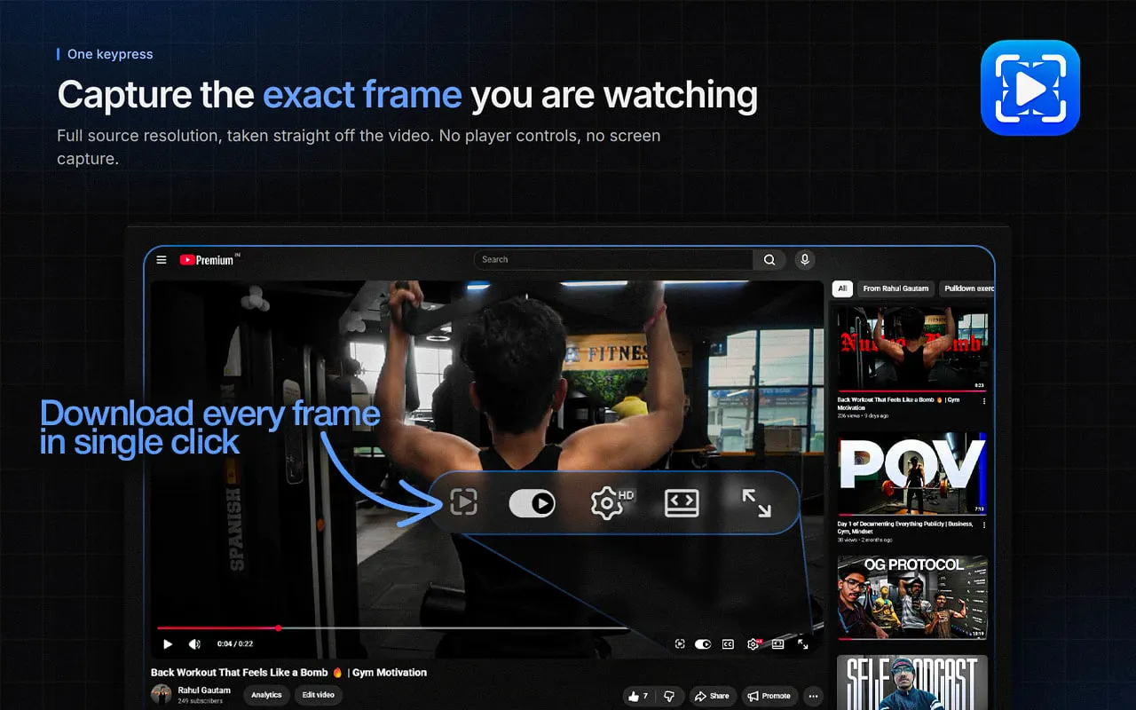 The Frame Grabber camera button sitting in the YouTube player control bar, with a capture confirmation below the video