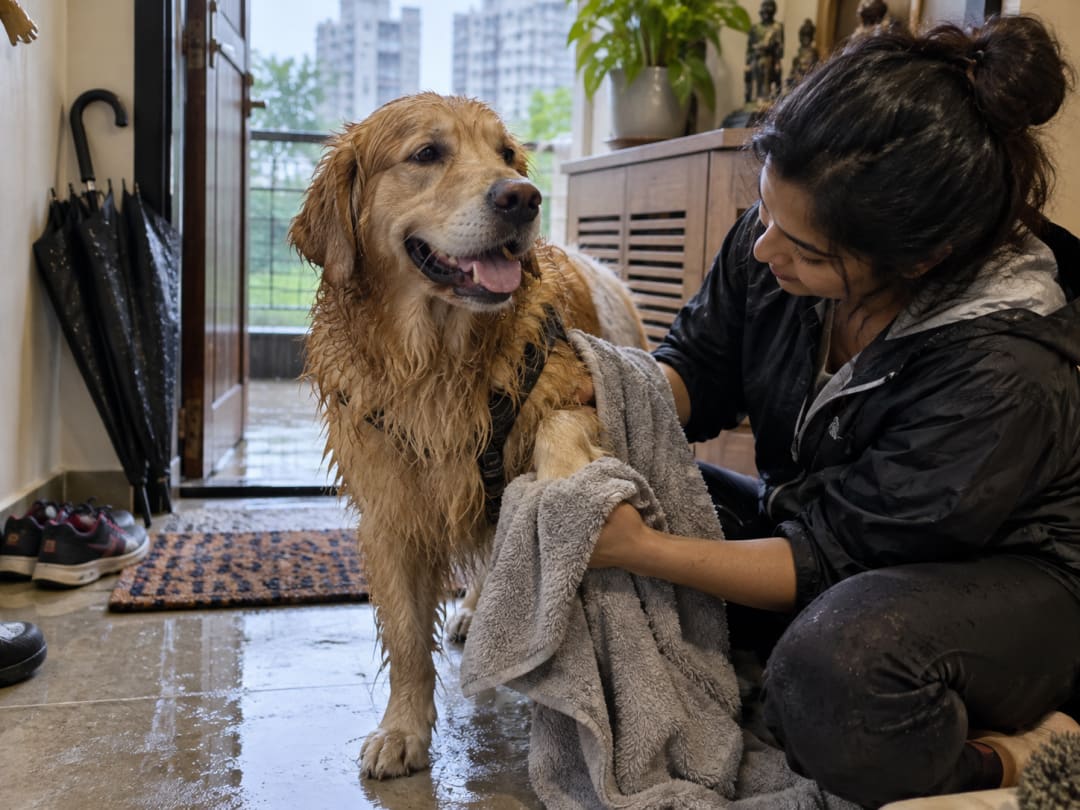 A woman towel-drying a wet Golden Retriever at the front door of a flat after a rainy walk