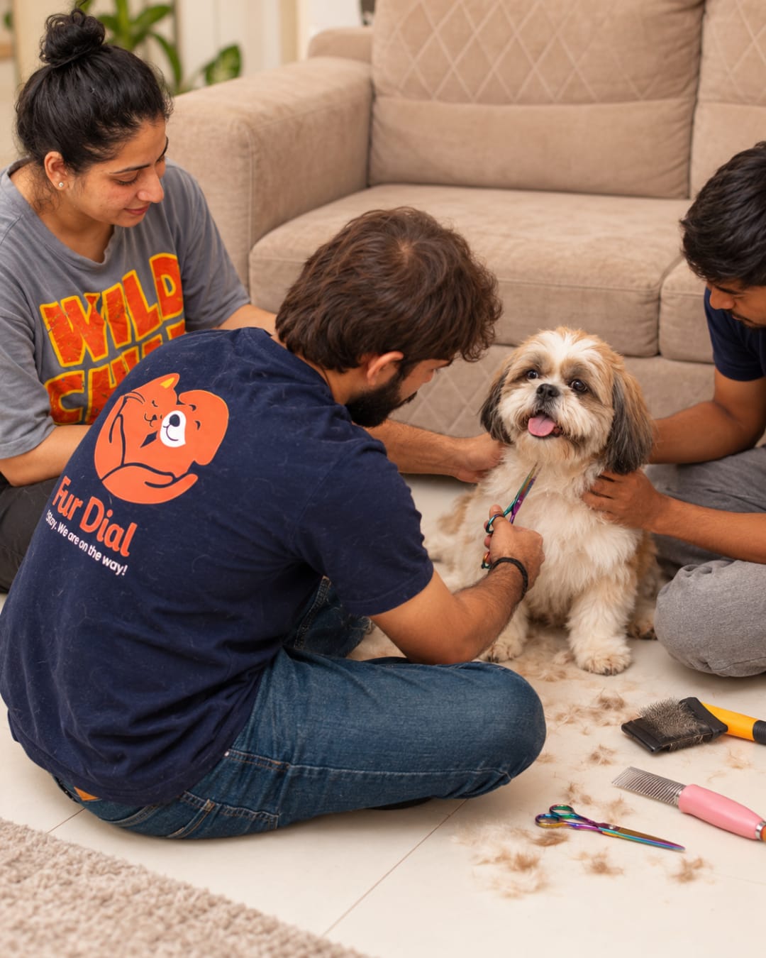 FurDial groomer trimming a Shih Tzu on a living room floor while the family watches