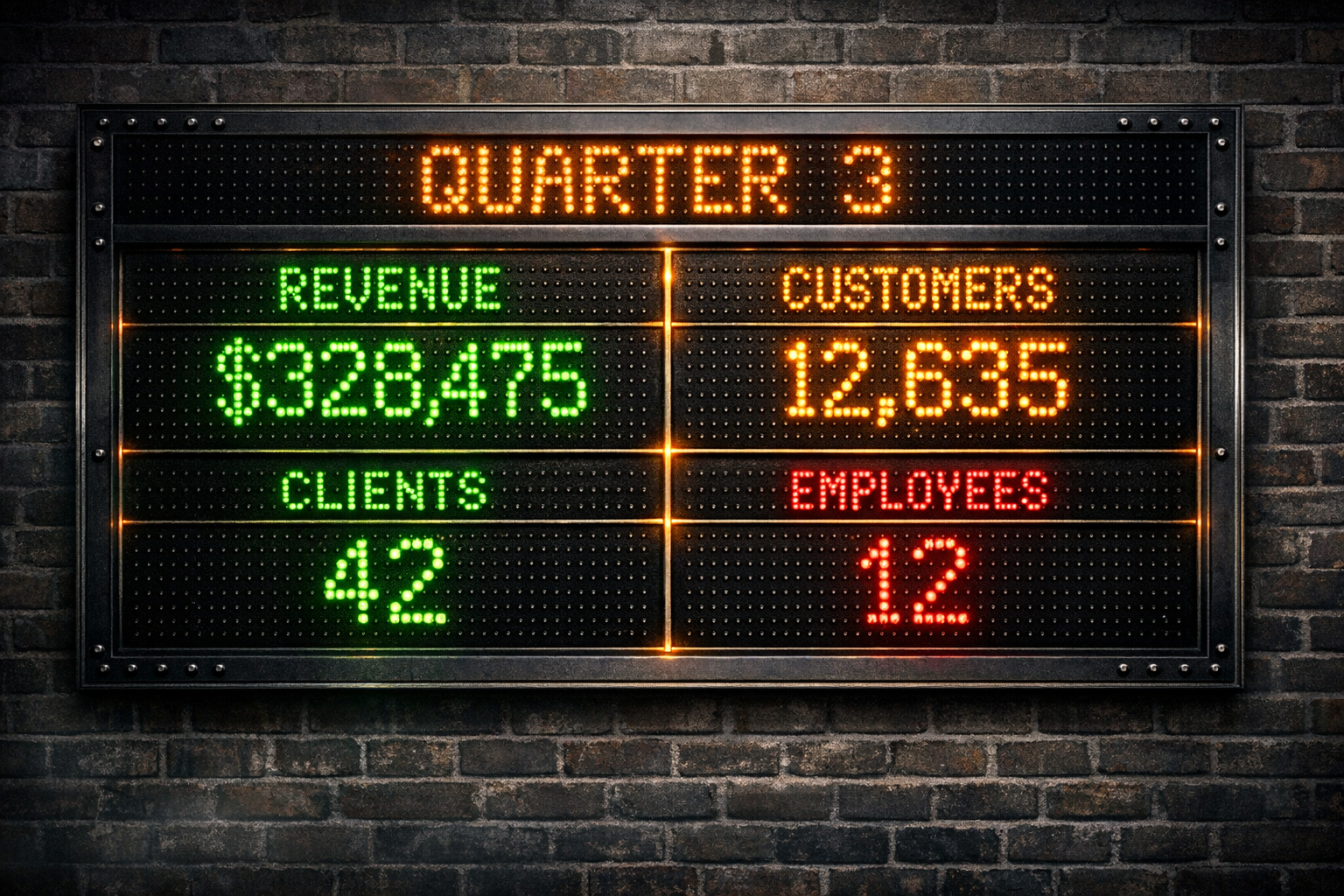 Custom Business Logic — vintage LED scoreboard displaying Quarter 3 revenue, customers, clients, and employees