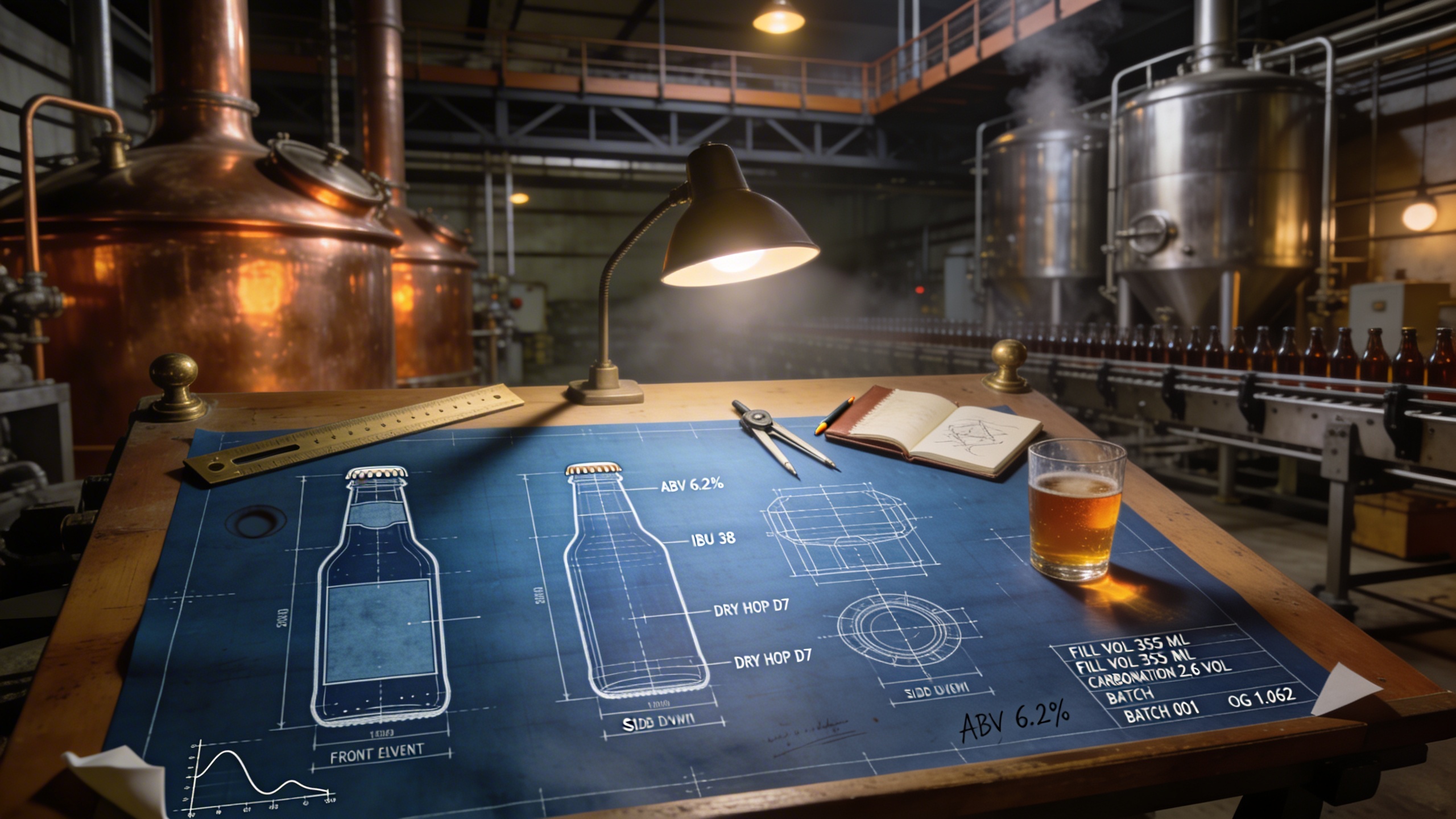 Unique Deployments — engineering blueprint of a new beverage product on a drafting table inside a working brewery