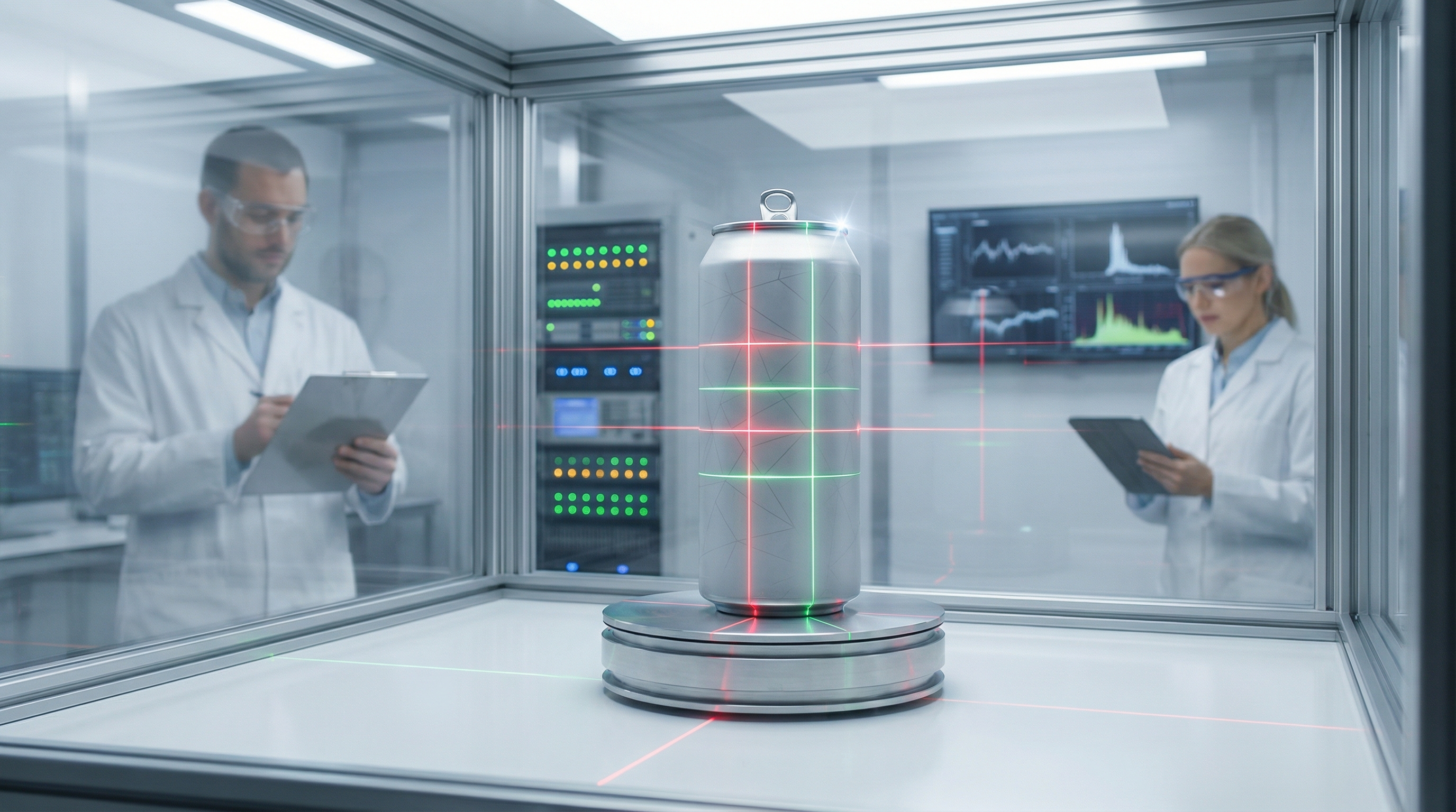 Deep Scanner & Web Presence Survey — an unbranded energy drink can being scanned by lasers in a clinical inspection lab while researchers take notes