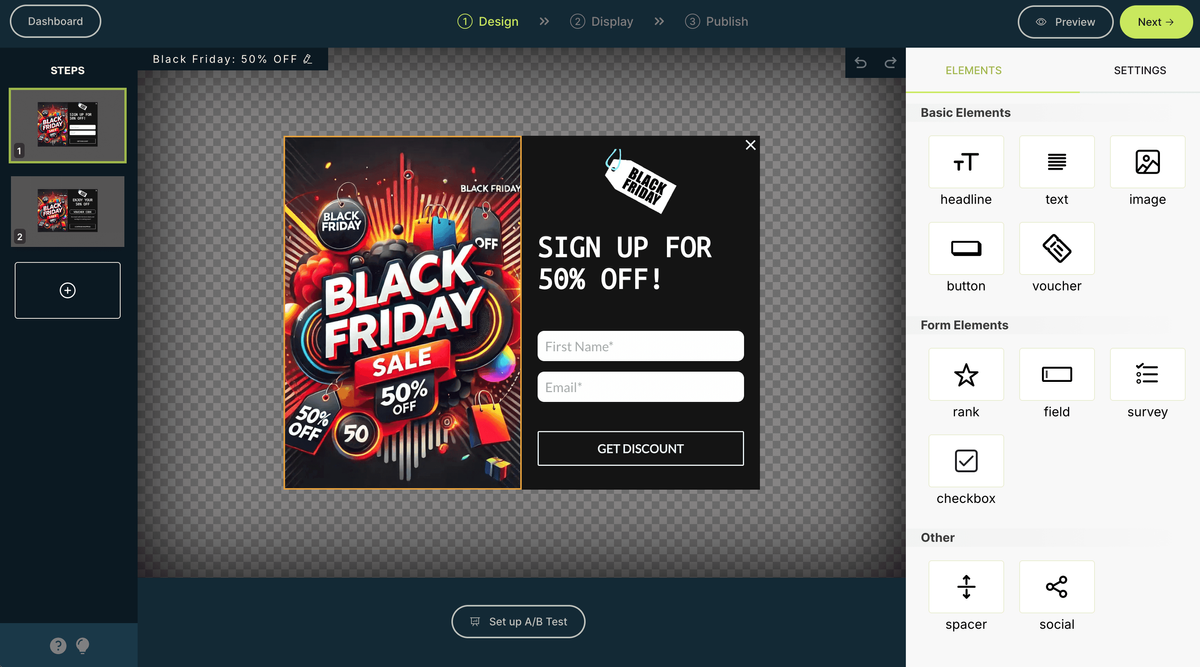 Black Friday widget editing in the Onvocado editor