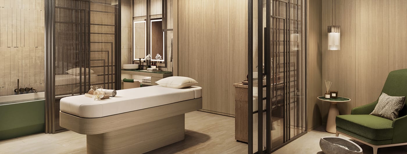 Una de las siete cabinas de tratamiento del Waldorf Astoria Spa de Kuala Lumpur, con camilla de masaje y baño privado