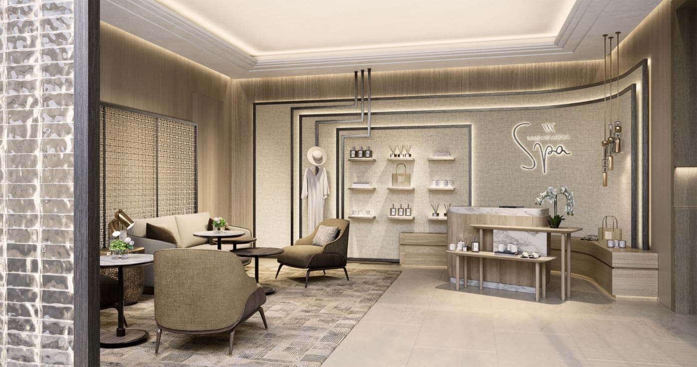 La recepción del Waldorf Astoria Spa en Kuala Lumpur, carpintería clara y zona de venta de productos
